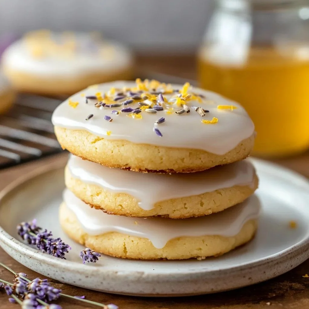 Soft lemon cookies with lavender glaze on a white plate