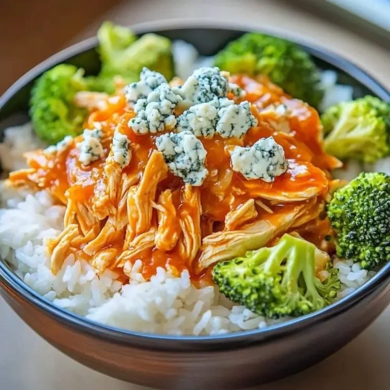 A delicious spicy buffalo chicken bowl garnished with fresh vegetables and sauce.