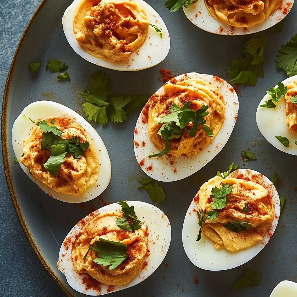 Spicy harissa deviled eggs served on a platter with garnishes.