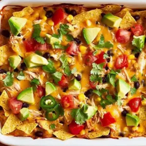 Delicious Spicy Mexican Chicken Bake topped with cheese and herbs