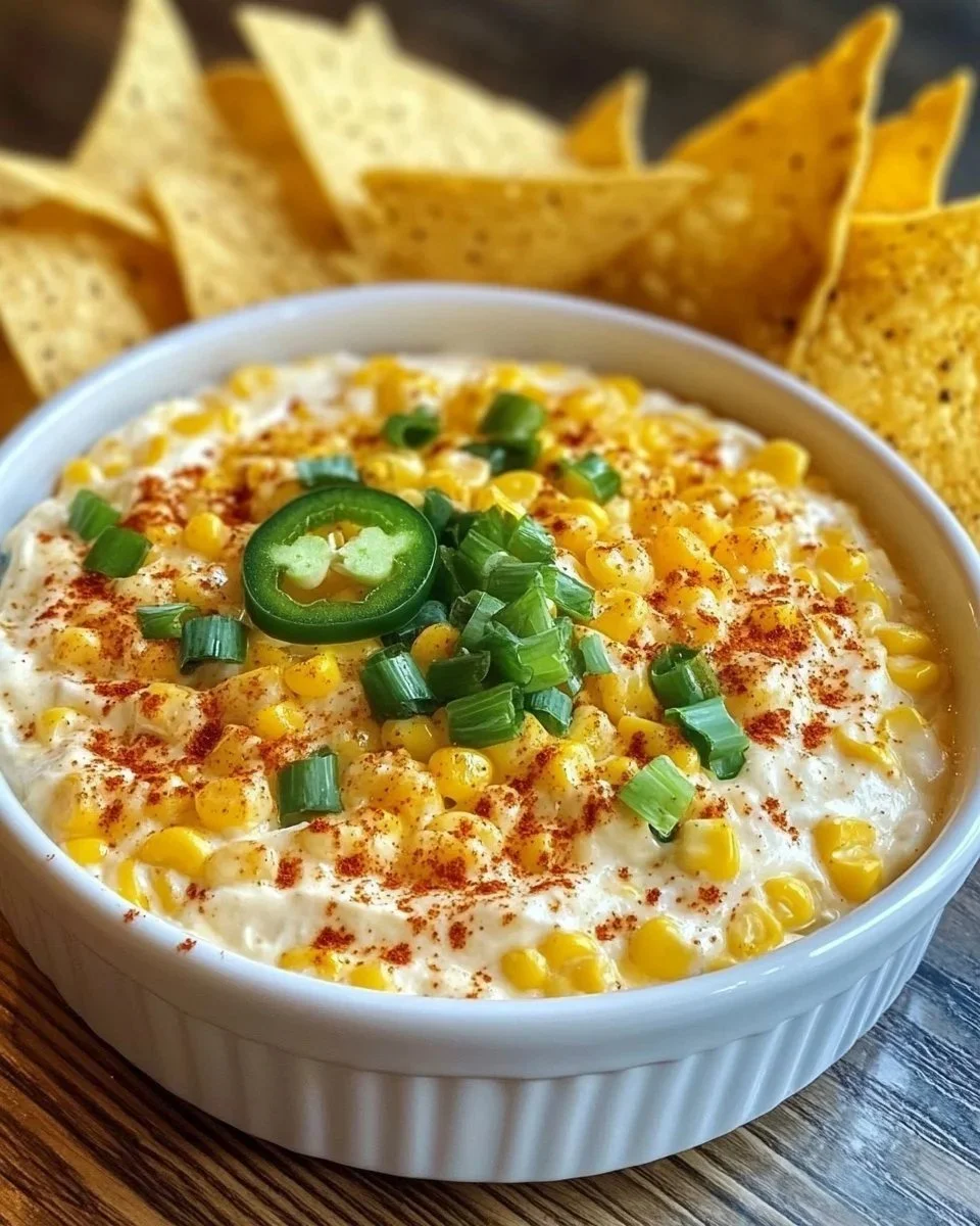 Spicy Mexican Corn Dip served in a bowl with tortilla chips