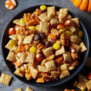A bowl of Spooktacular Halloween Chex Mix with colorful candies and spooky decorations
