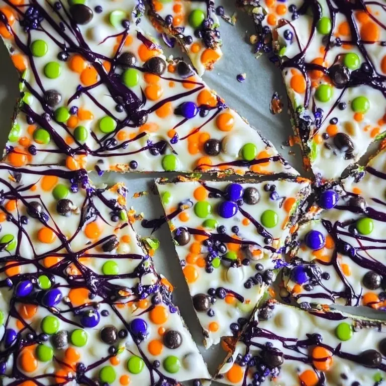 Spooky Halloween candy bark with colorful toppings for a festive treat