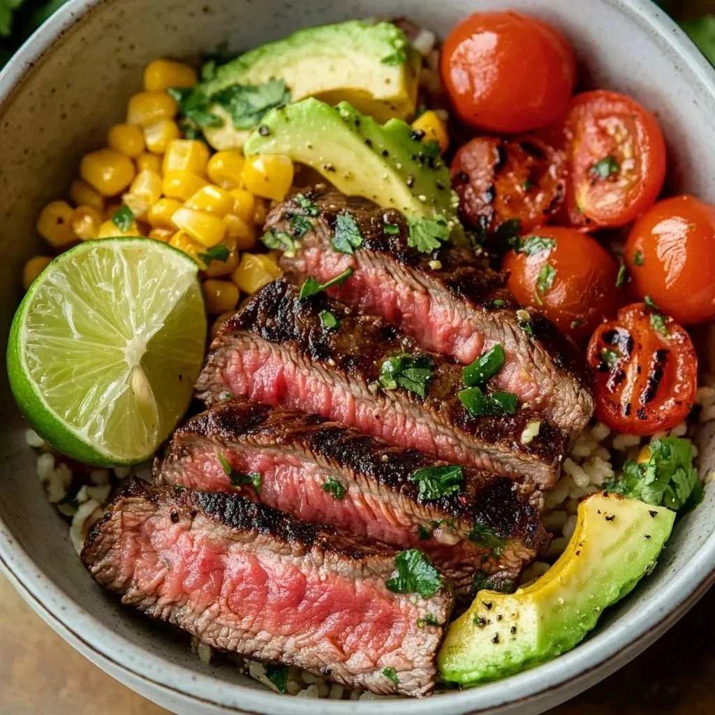 Delicious steak bowls topped with cilantro lime for a fresh meal