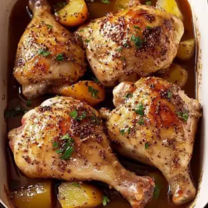 Sticky Maple Mustard Chicken garnished with fresh herbs on a plate