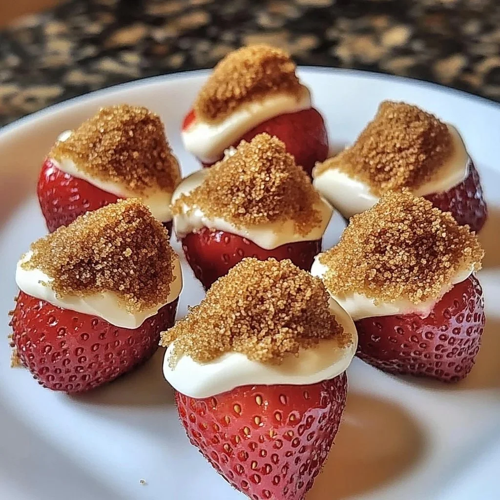Stuffed strawberries with cookie butter cheesecake filling on a plate