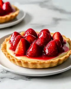 Strawberry Custard Tartlets topped with fresh strawberries on a white plate