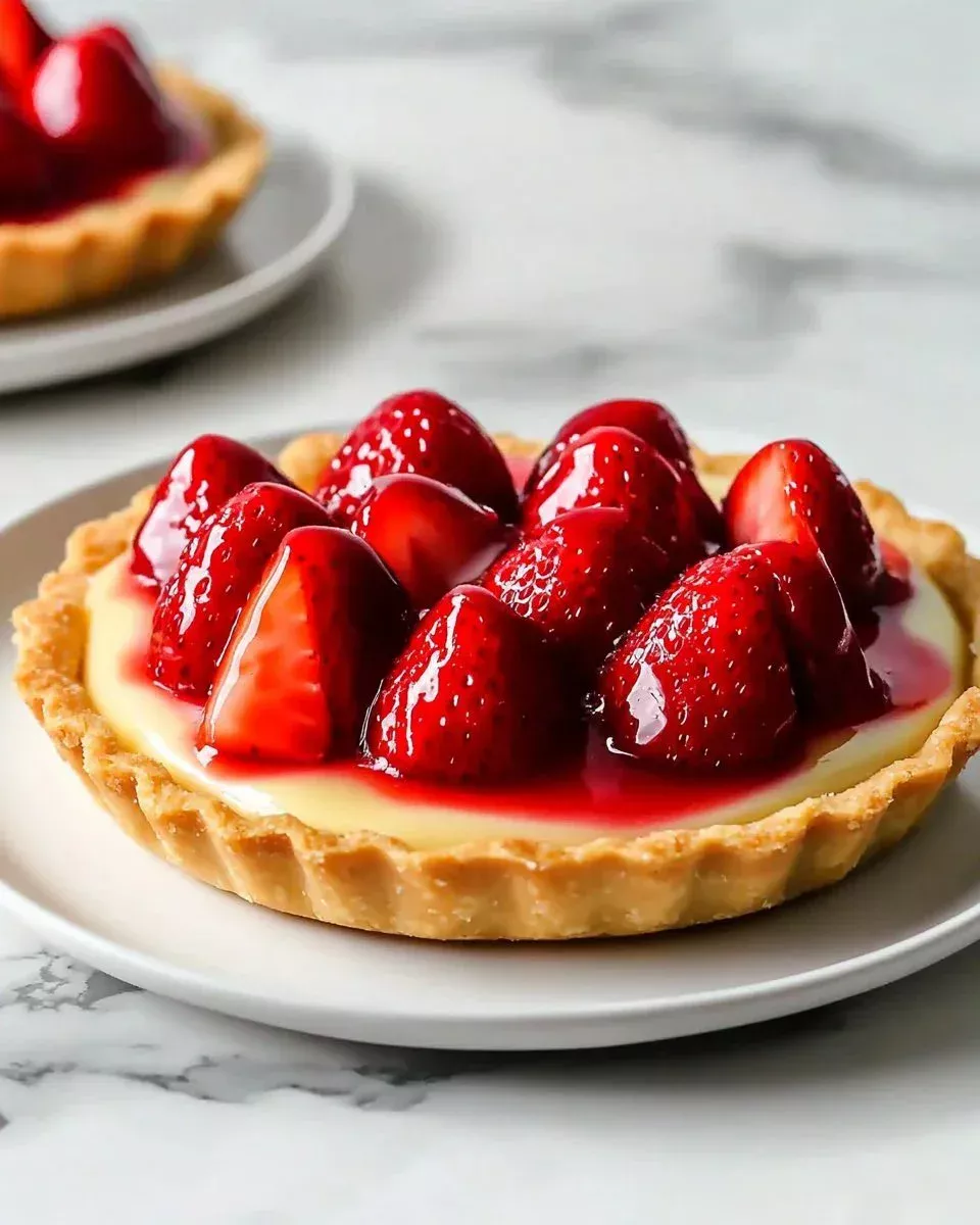 Strawberry Custard Tartlets topped with fresh strawberries on a white plate