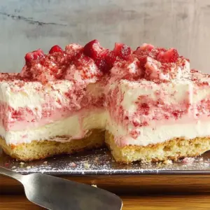 Strawberry Shortcake Frozen Cake with fresh strawberries and creamy frosting