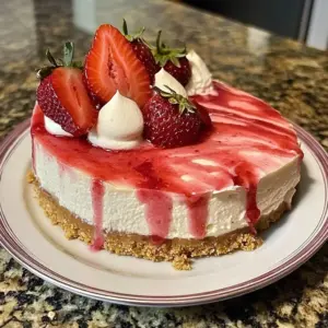 Slice of strawberry swirl cheesecake with vibrant pink swirl design on top.