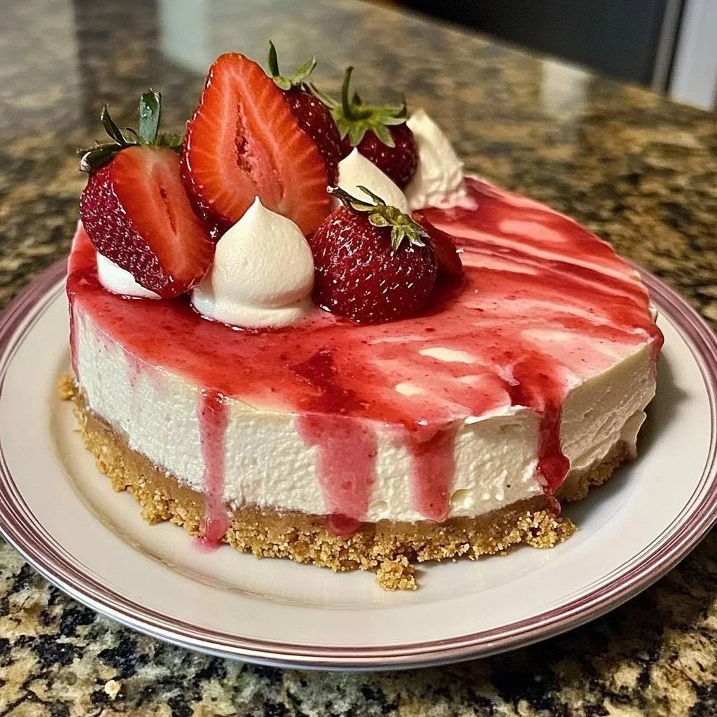 Slice of strawberry swirl cheesecake with vibrant pink swirl design on top.
