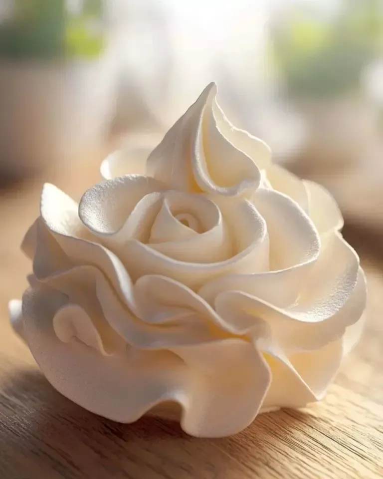 Stunning Swiss meringue dessert topped with fresh berries and a mint garnish.