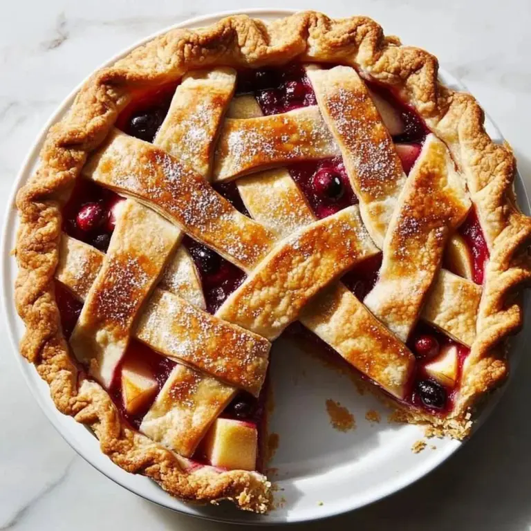 Freshly baked sweet cranberry apple pie with a flaky crust and vibrant fruit filling.
