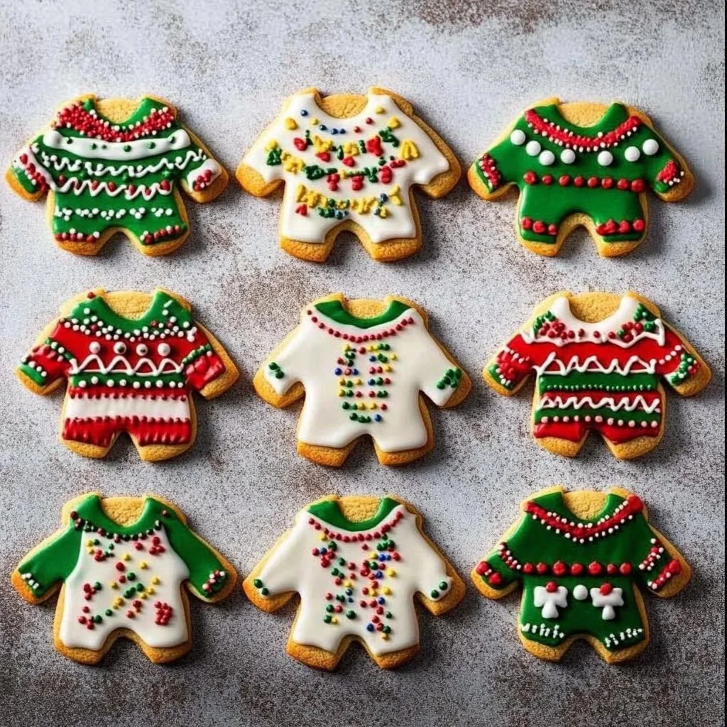 Tacky Knit Christmas Cookies decorated with vibrant icing and fun designs