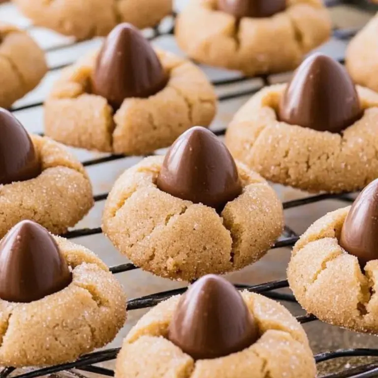 Delicious Peanut Butter Blossoms cookies topped with chocolate kisses.
