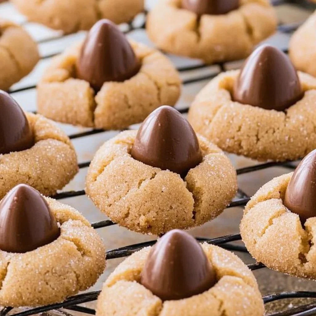 Delicious Peanut Butter Blossoms cookies topped with chocolate kisses.