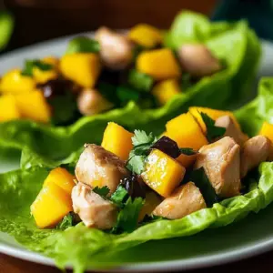 Delicious tropical mango chicken lettuce wraps with fresh ingredients