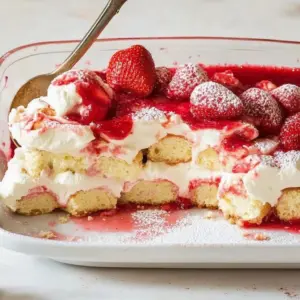 Twisted strawberries and cream tiramisu dessert in a glass, topped with fresh strawberries