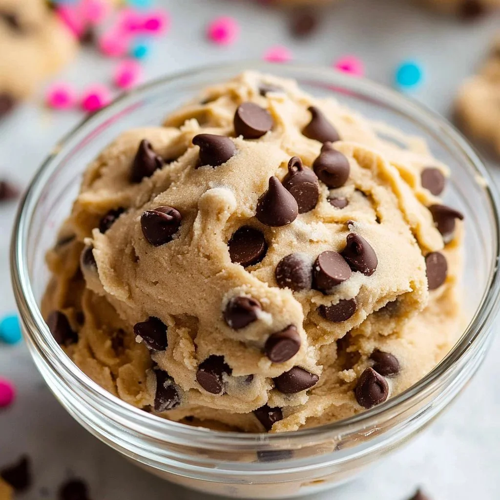Delicious homemade edible cookie dough in a bowl with chocolate chips.
