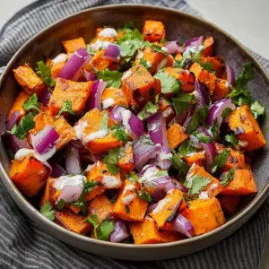 Colorful ultimate sweet potato salad with fresh vegetables and herbs