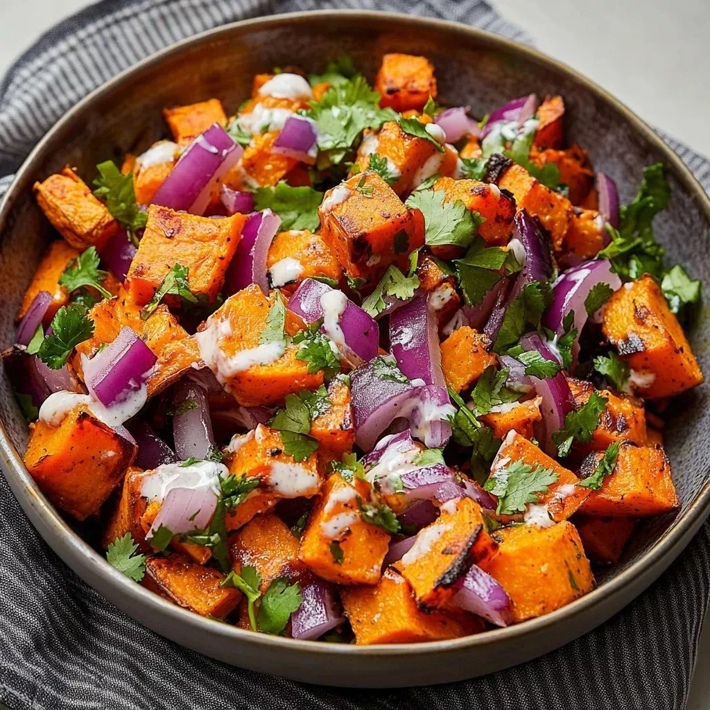 Colorful ultimate sweet potato salad with fresh vegetables and herbs