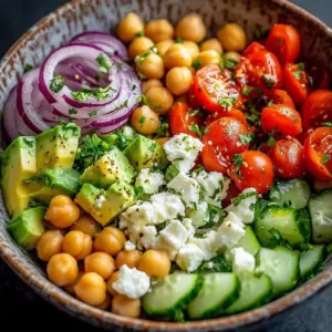 Vibrant Chickpea Avocado Feta Salad in a bowl with colorful vegetables