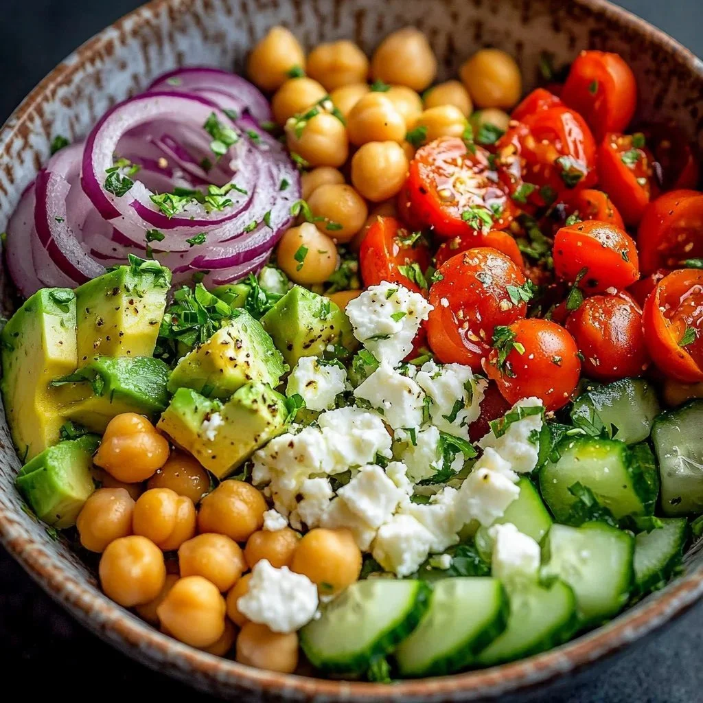 Vibrant Chickpea Avocado Feta Salad in a bowl with colorful vegetables