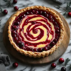 Zesty lemon tart topped with cranberries, showcasing a delicious dessert