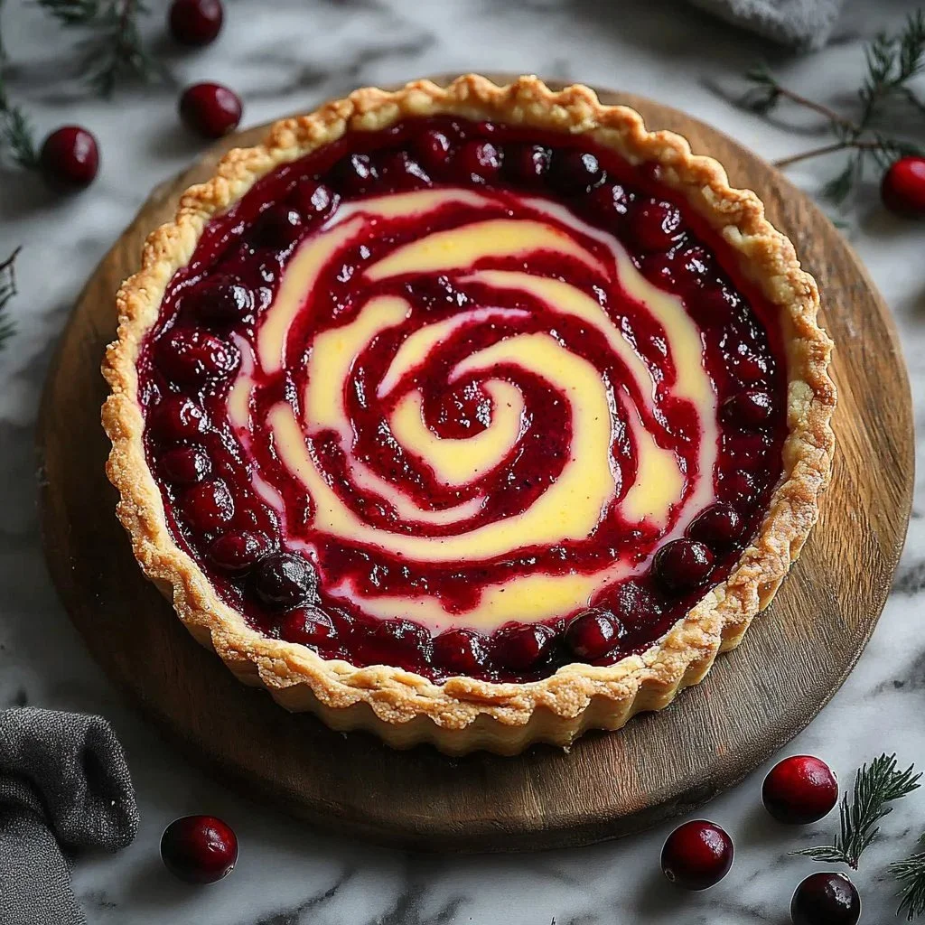 Zesty lemon tart topped with cranberries, showcasing a delicious dessert
